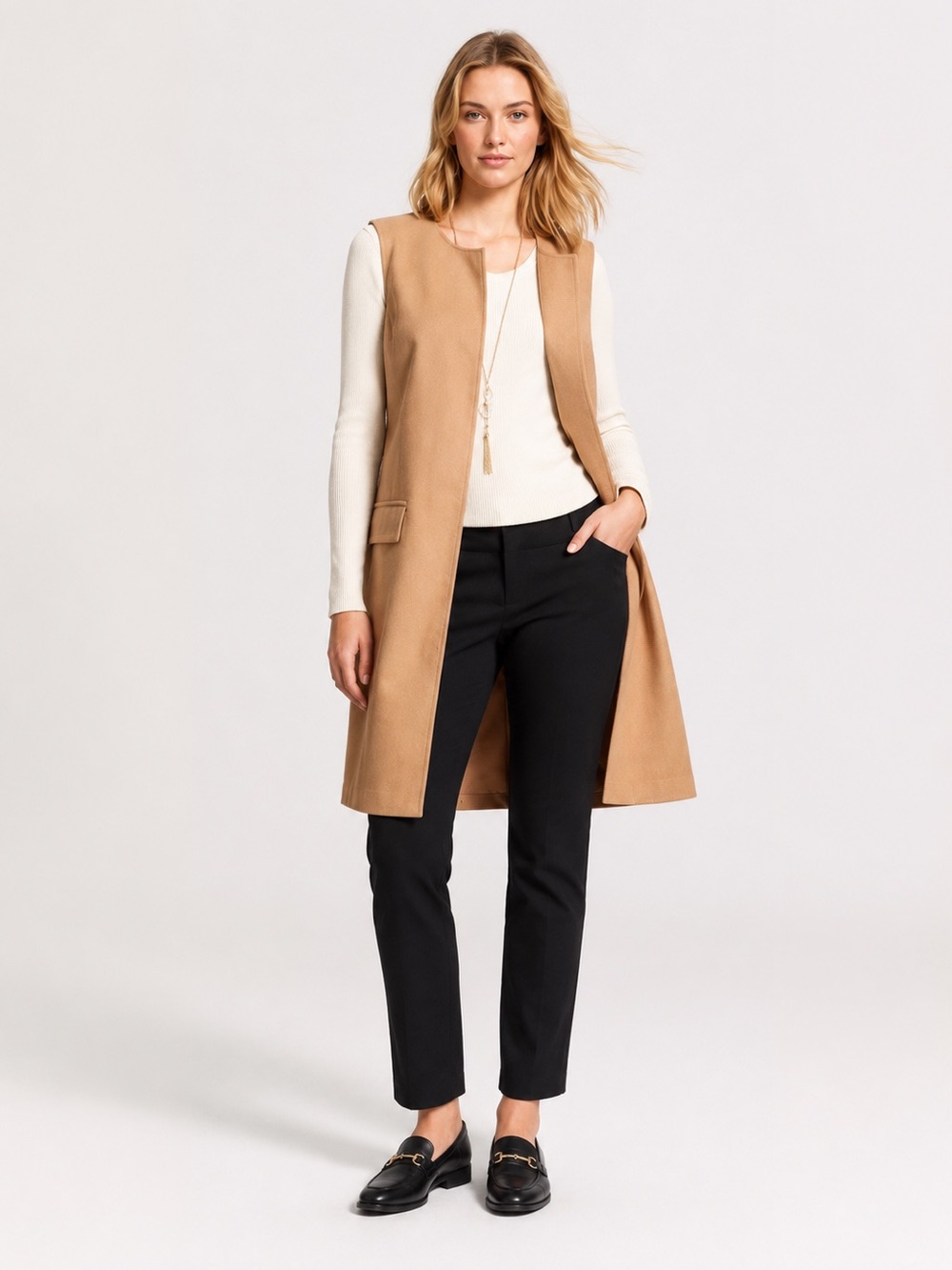 Beige sleeveless vest coat top long tan open front